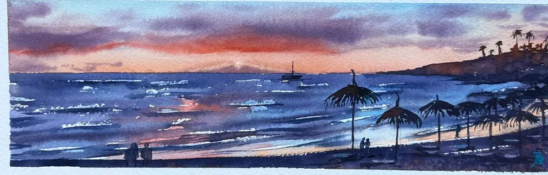 Poniente en la playa — Acuarela · formato panorámico
