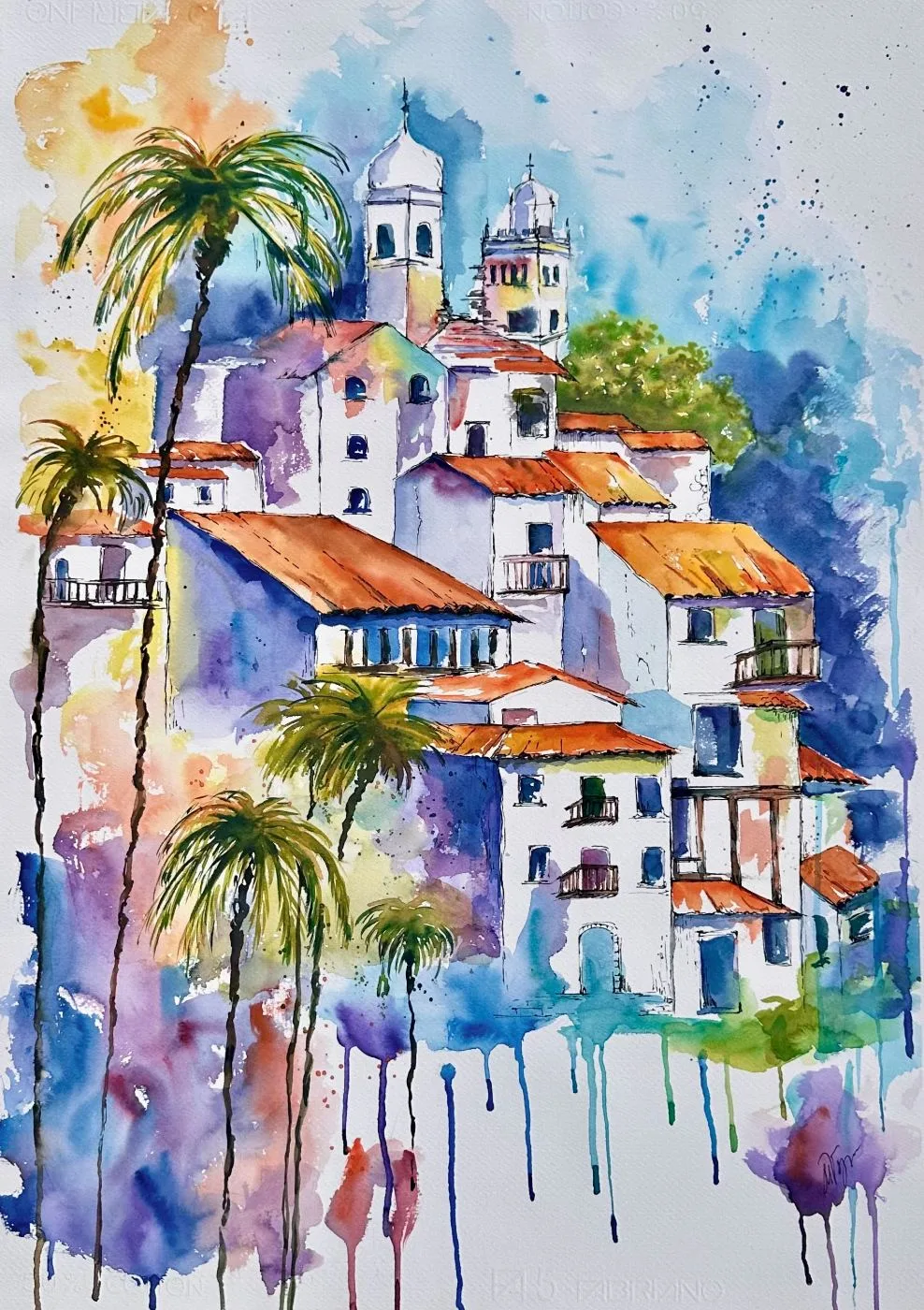 Pueblo entre palmeras — Acuarela sobre papel.