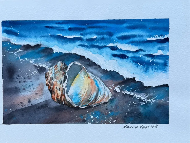 Concha en la orilla — Acuarela