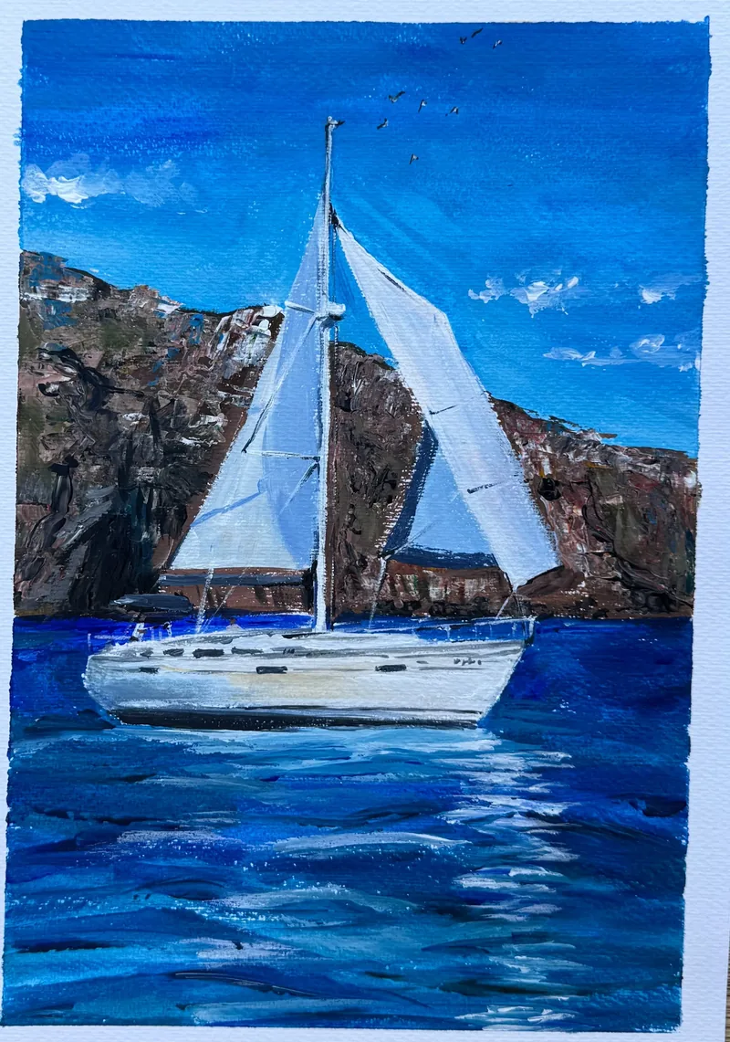 Velero en la costa — Gouache sobre papel