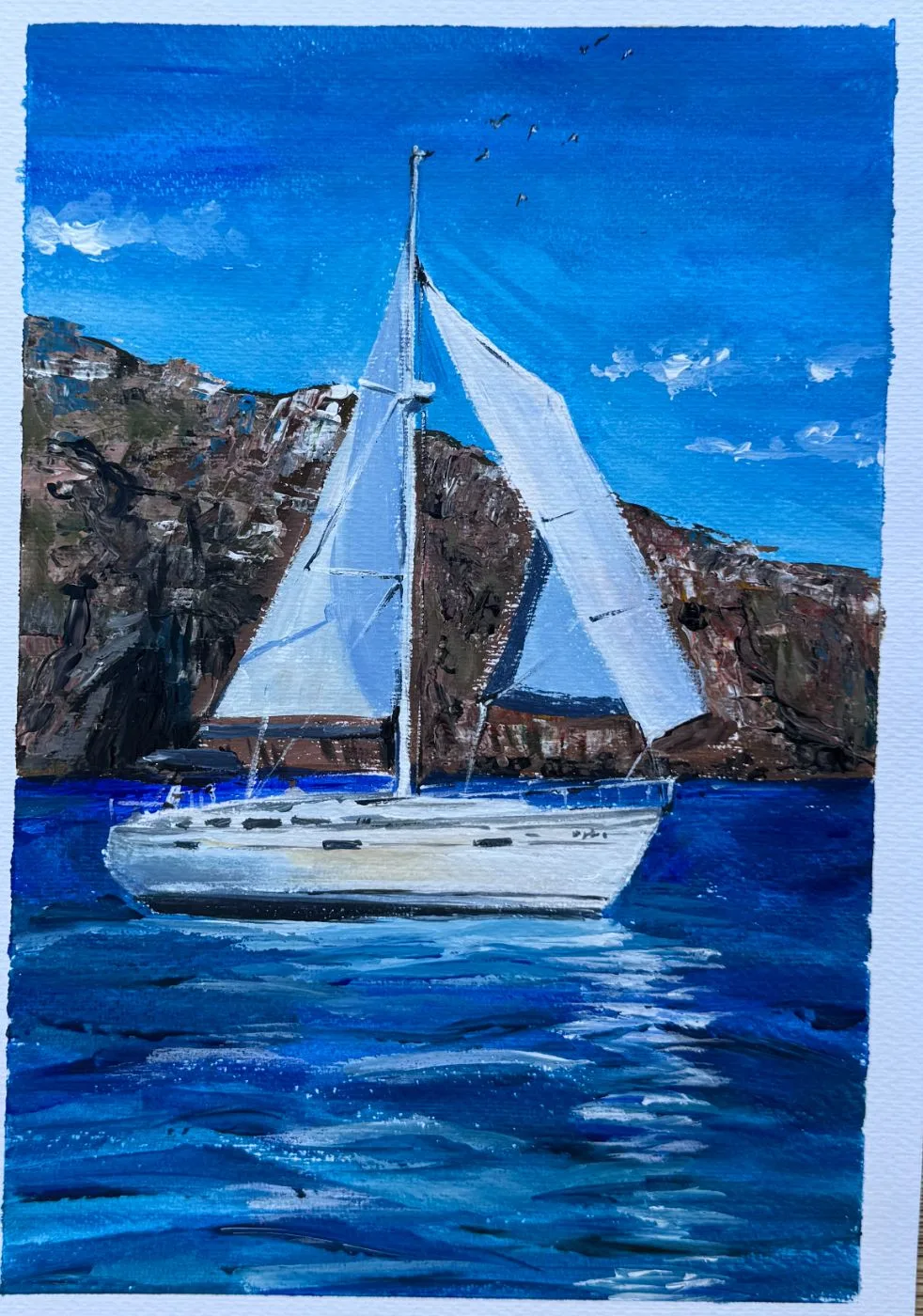Velero en la costa — Gouache sobre papel.