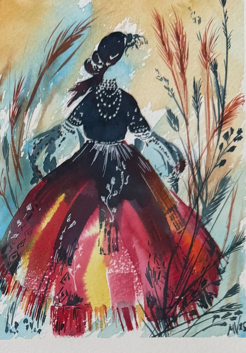Vestido rojo — Acuarela y tinta.
